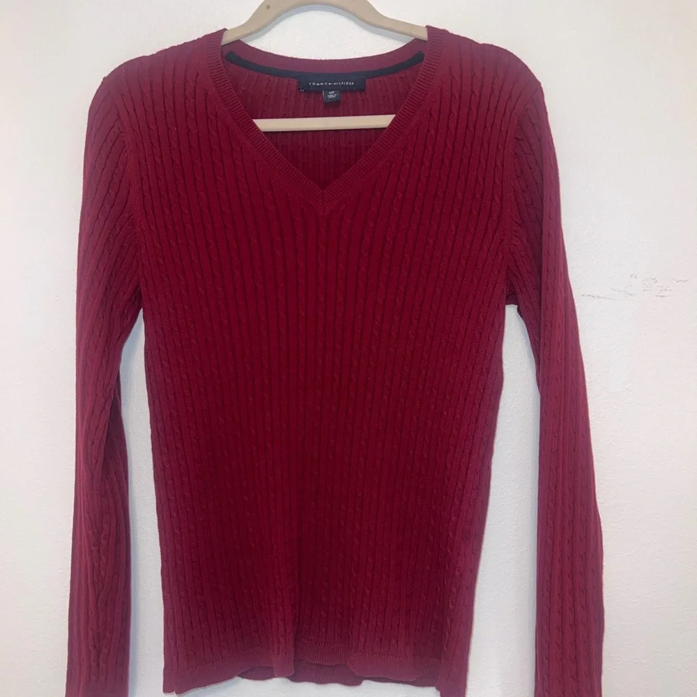 Tommy Hilfiger Burgundy Red V-Neck Sweater - Picture 2 of 7
